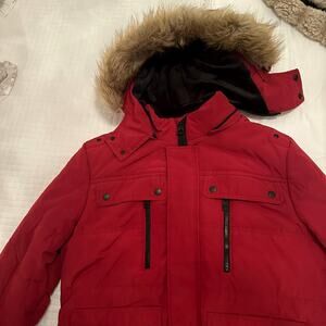 Men's Guess Dustin Size M Heavyweight Puffer Jacket Red Fleece Lined Hood